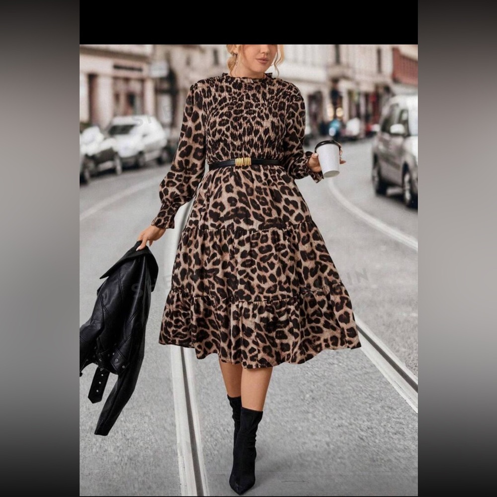 SHEIN LUNE Plus Leopard Print Flounce Sleeve Ruffle Hem Dress